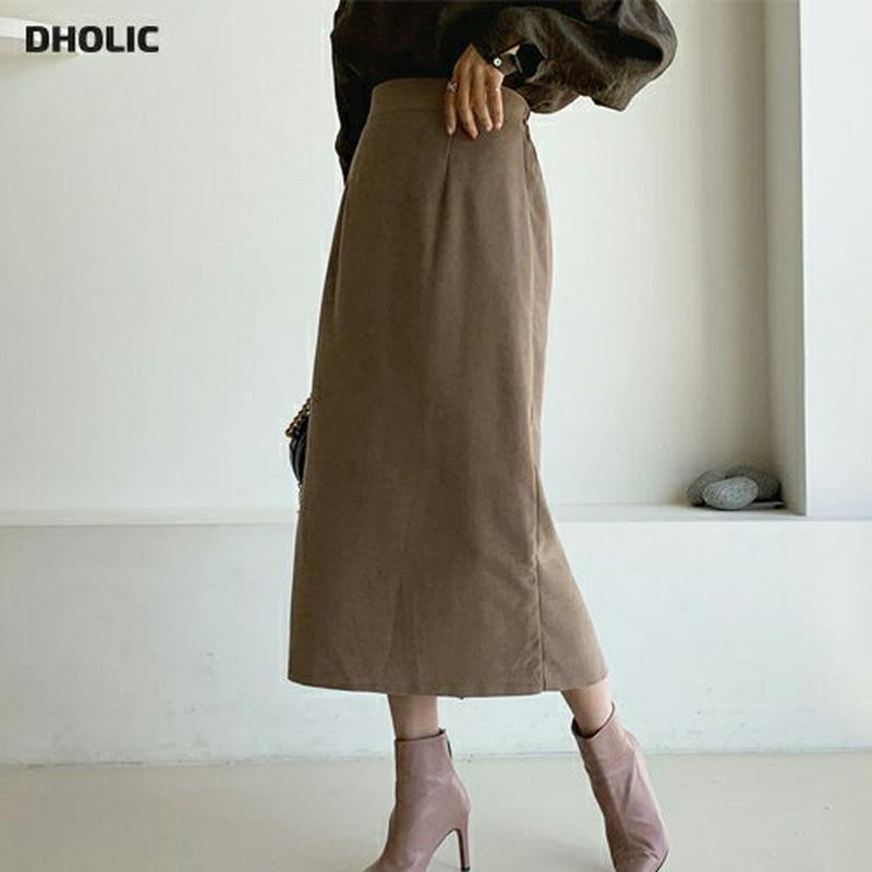 Hラインロングスカート・全4色・b64315 レディース【sk】【韓国 ファッション ボトムス スカート ロング丈 ロングスカート Hライン Hラインスカート シンプル 単色 無地 スリット バックゴム 大人 フェミニン 秋 冬】