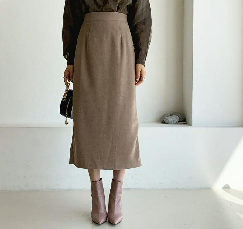 Hラインロングスカート・全4色・b64315 レディース【sk】【韓国 ファッション ボトムス スカート ロング丈 ロングスカート Hライン Hラインスカート シンプル 単色 無地 スリット バックゴム 大人 フェミニン 秋 冬】