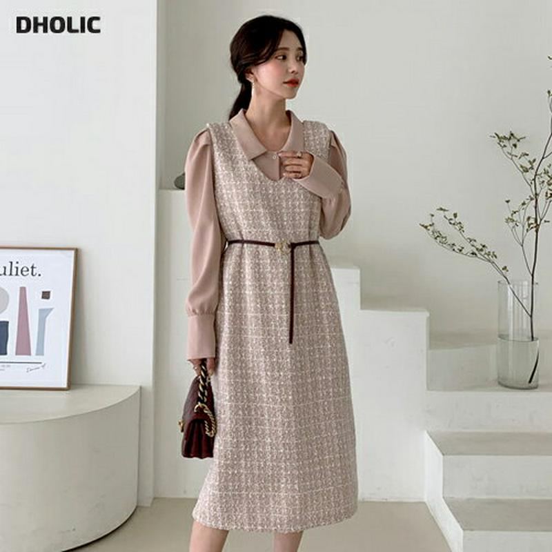 ツイードノースリワンピース・全2色・b64303 レディース【ops】【韓国 ファッション ワンピース ミディ丈 ミディワンピー