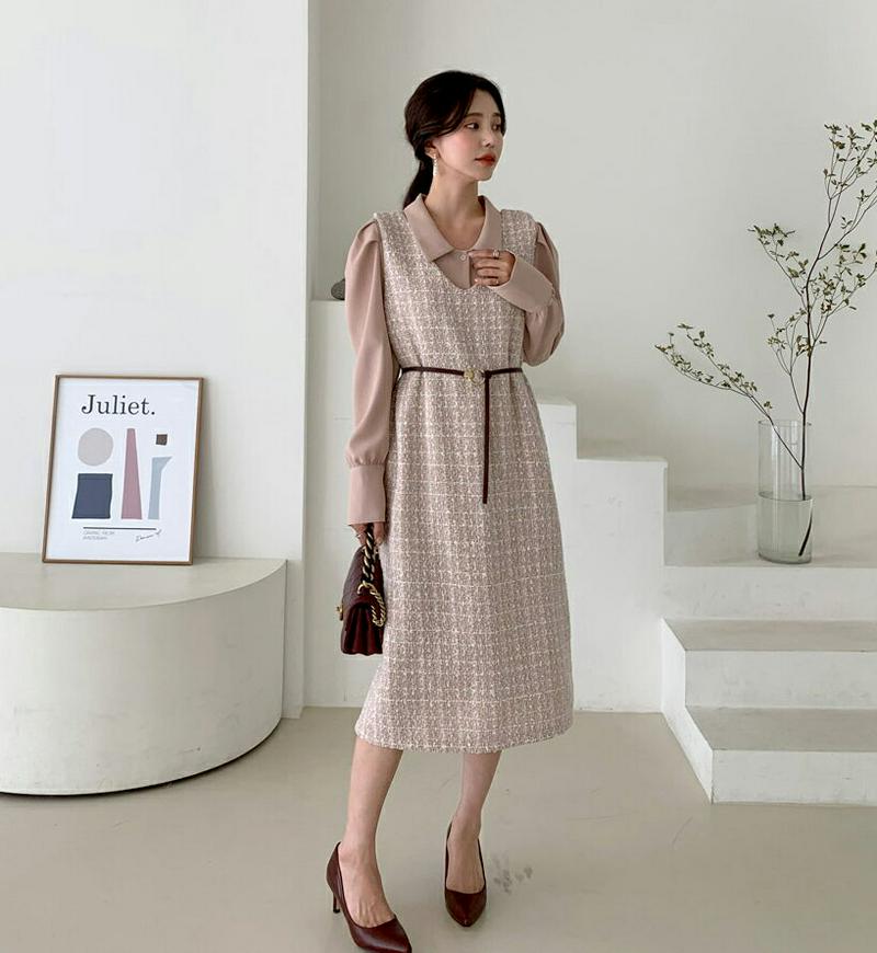 ツイードノースリワンピース・全2色・b64303 レディース【ops】【韓国 ファッション ワンピース ミディ丈 ミディワンピー