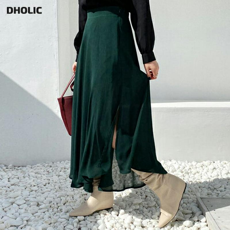 シフォンスリットスカート・全2色・e64608 レディース【sk】 韓国ファッション ボトムス スカート ロングスカート シフォン スリット カラーアイテム フレア アンバランス バックゴム 揺れ感 シンプル 単色 無地 大人 フェミニン 上品 春 秋 HIHOLLI クリスマス