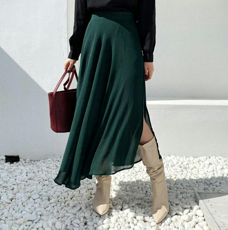 シフォンスリットスカート・全2色・e64608 レディース【sk】 韓国ファッション ボトムス スカート ロングスカート シフォン スリット カラーアイテム フレア アンバランス バックゴム 揺れ感 シンプル 単色 無地 大人 フェミニン 上品 春 秋 HIHOLLI クリスマス