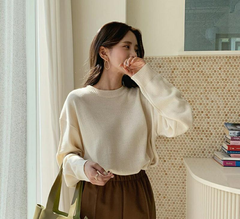 ラウンドルーズニット・全5色・64293 レディース【tops】 韓国ファッション トップス ニット ニットトップス ロングスリーブ 長袖 ラウンドネック リブ シンプル 単色 無地 カジュアル ベーシック ルーズ ゆったり 秋 冬