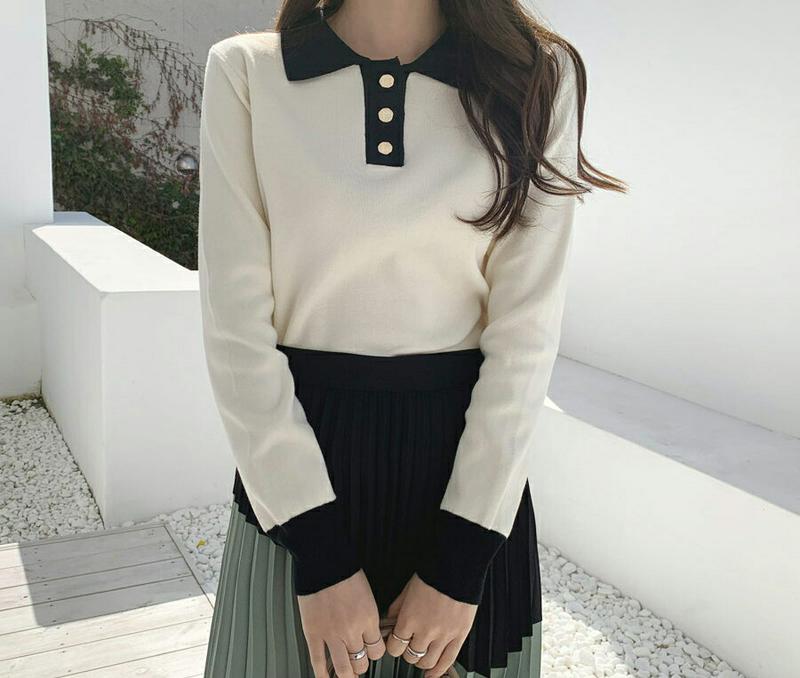カラー配色ボタンニット・全4色・b64591 レディース【tops】【韓国 ファッション トップス ニット ニットトップス ロン