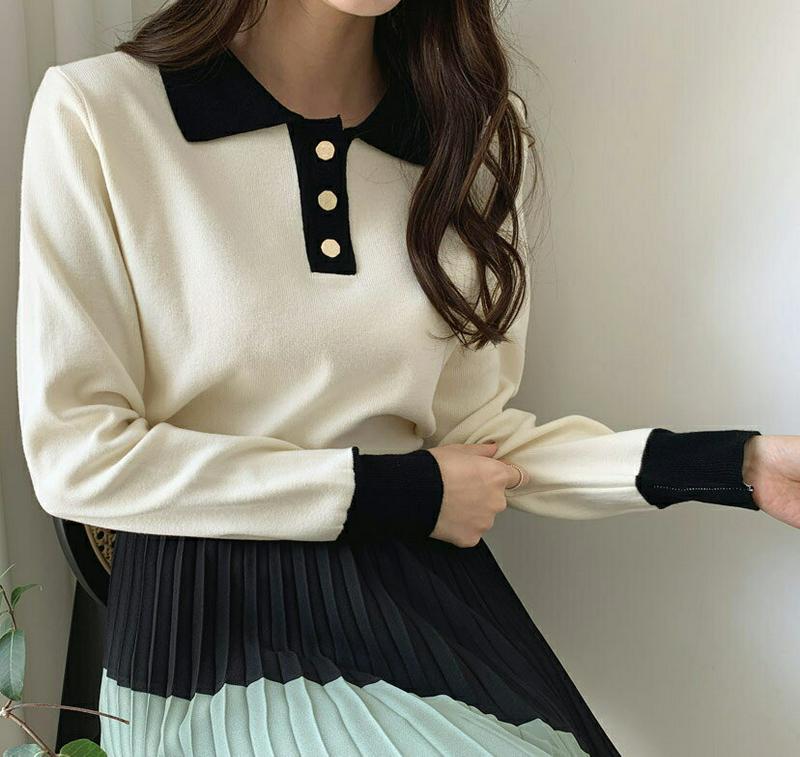 カラー配色ボタンニット・全4色・b64591 レディース【tops】【韓国 ファッション トップス ニット ニットトップス ロン