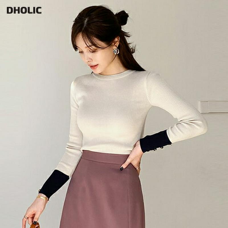 リブ配色ボタンニット・全3色・b64593 レディース【tops】【韓国 ファッション トップス ニット ニットトップス ロングスリーブ 長袖 ラウンドネック リブ リブニット 配色 ボタン スリム シンプル カジュアル 大人 秋 冬】【ハイホリHIHOLLI】