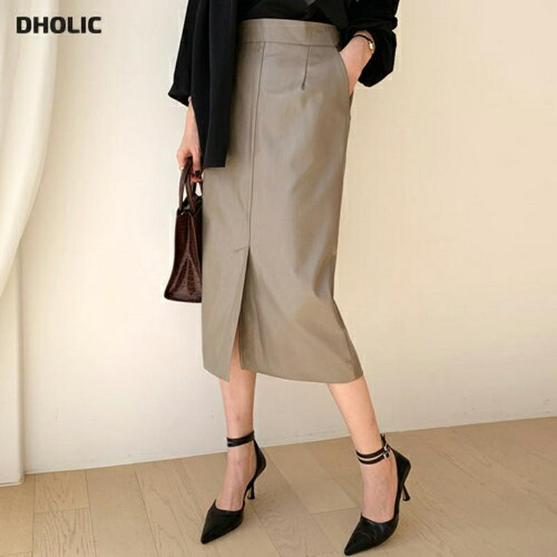 レザー調スリットスカート・全3色・b64609 レディース【sk】【韓国 ファッション ボトムス スカート ロング丈 ロングスカ