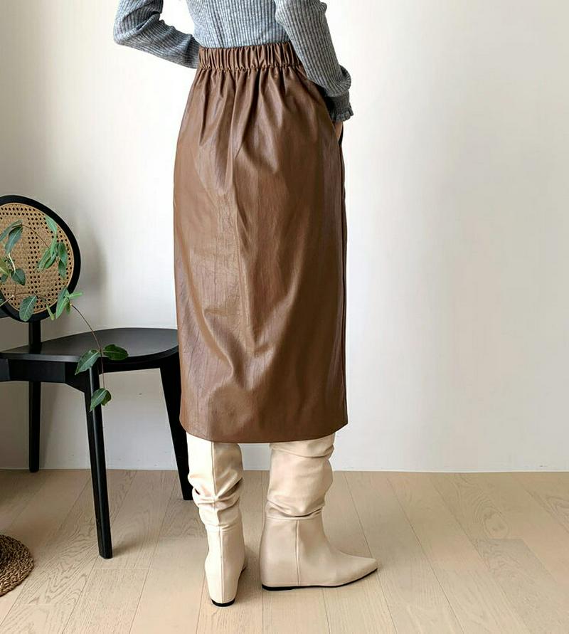 レザー調スリットスカート・全3色・b64609 レディース【sk】【韓国 ファッション ボトムス スカート ロング丈 ロングスカ