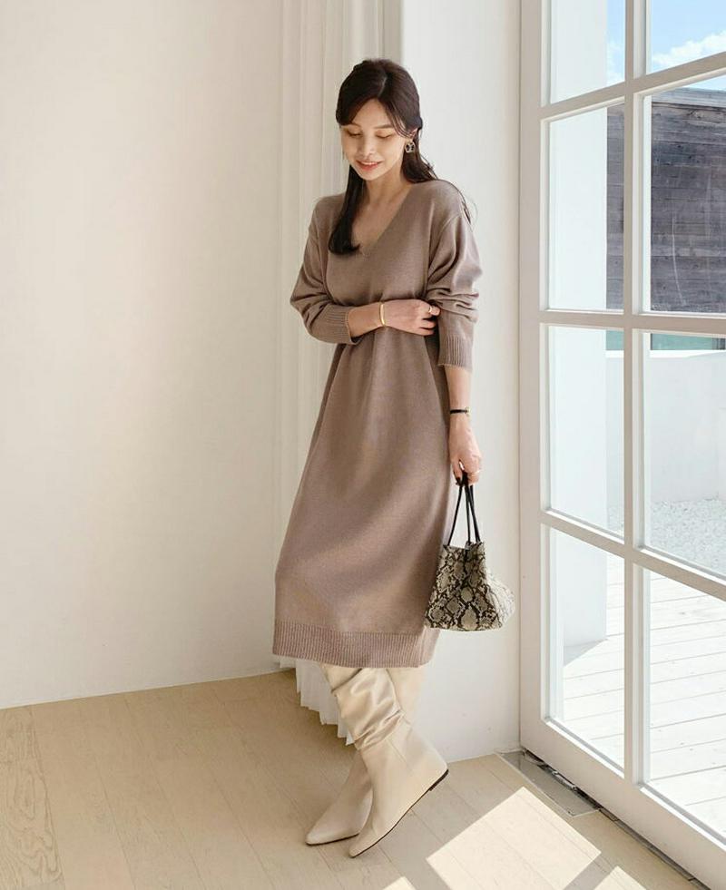 Vネックニットワンピース・全3色・b64601 レディース【ops】【韓国 ファッション ワンピース ロングワンピース Vネック
