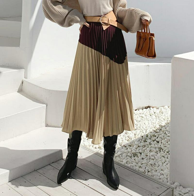 バイカラープリーツスカート・全3色・b64612 レディース【sk】【韓国 ファッション ボトムス スカート ロング丈 ロングス