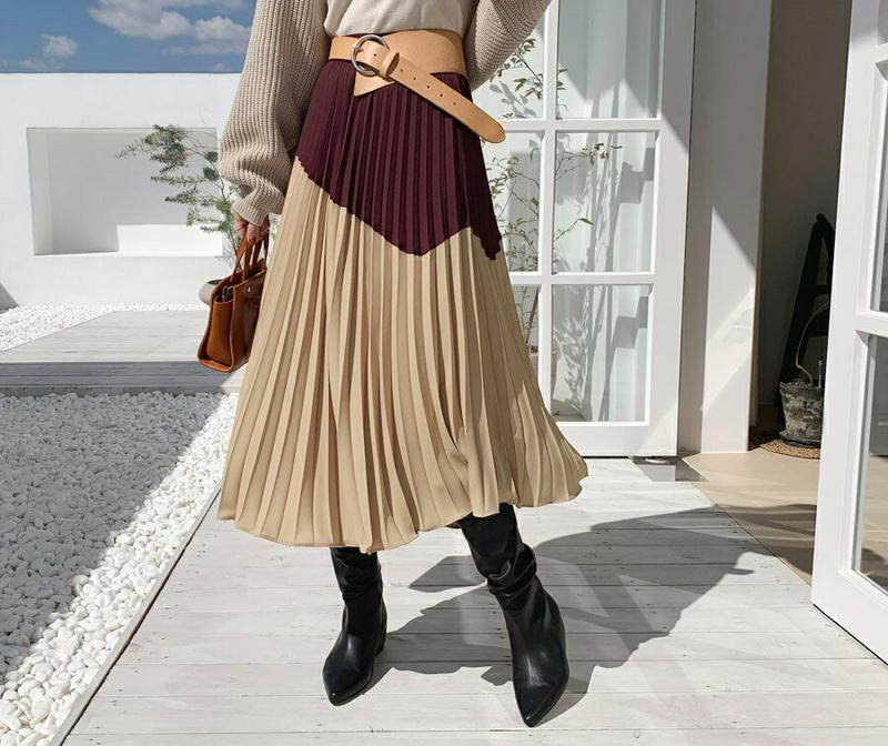 バイカラープリーツスカート・全3色・b64612 レディース【sk】【韓国 ファッション ボトムス スカート ロング丈 ロングス