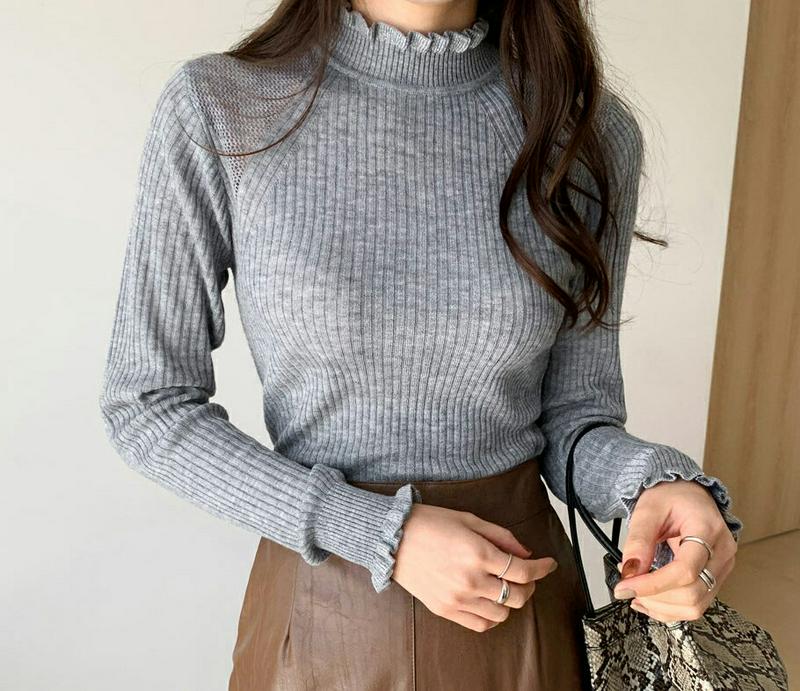フリルネックスリムニット・全5色・t64592 レディース【tops】【韓国 ファッション トップス ニット ニットトップス ロ