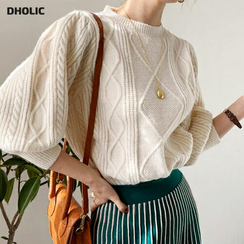 【只今10%OFF】ツイストパフニット・全3色・b64559 レディース【tops】【韓国 ファッション トップス ニット ニットトップス パフスリーブ 七分丈 七分袖 7分丈 ツイスト ラウンドネック ケーブルニット カジュアル 大人 かわいい 秋 冬】【ハイホリHIHOLLI】
