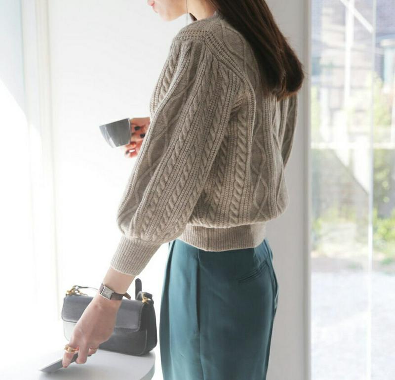 【只今10%OFF】ツイストパフニット・全3色・b64559 レディース【tops】【韓国 ファッション トップス ニット ニットトップス パフスリーブ 七分丈 七分袖 7分丈 ツイスト ラウンドネック ケーブルニット カジュアル 大人 かわいい 秋 冬】【ハイホリHIHOLLI】
