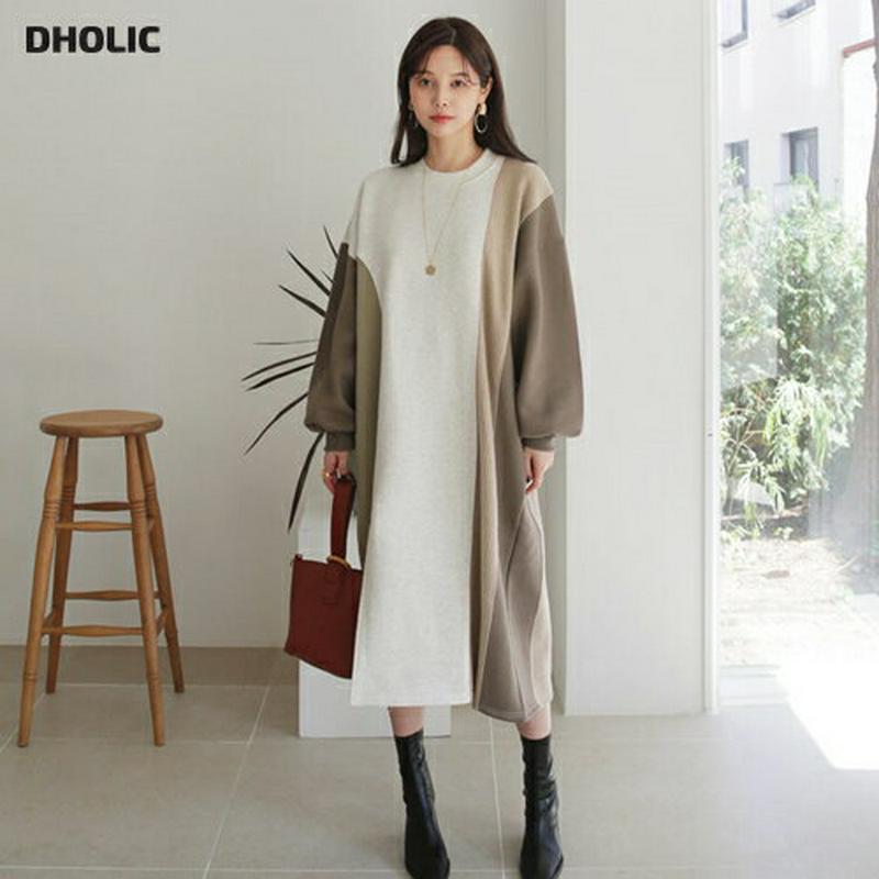 ≪人気商品再入荷≫裏起毛カラーミックスワンピース・全2色・t64550 レディース【ops】 韓国ファッション ワンピース ロングワンピース ワンマイルウェア 配色 コントラスト スリット 裏起毛 オーバーサイズ ゆったり 秋 冬 ハイホリHIHOLLI