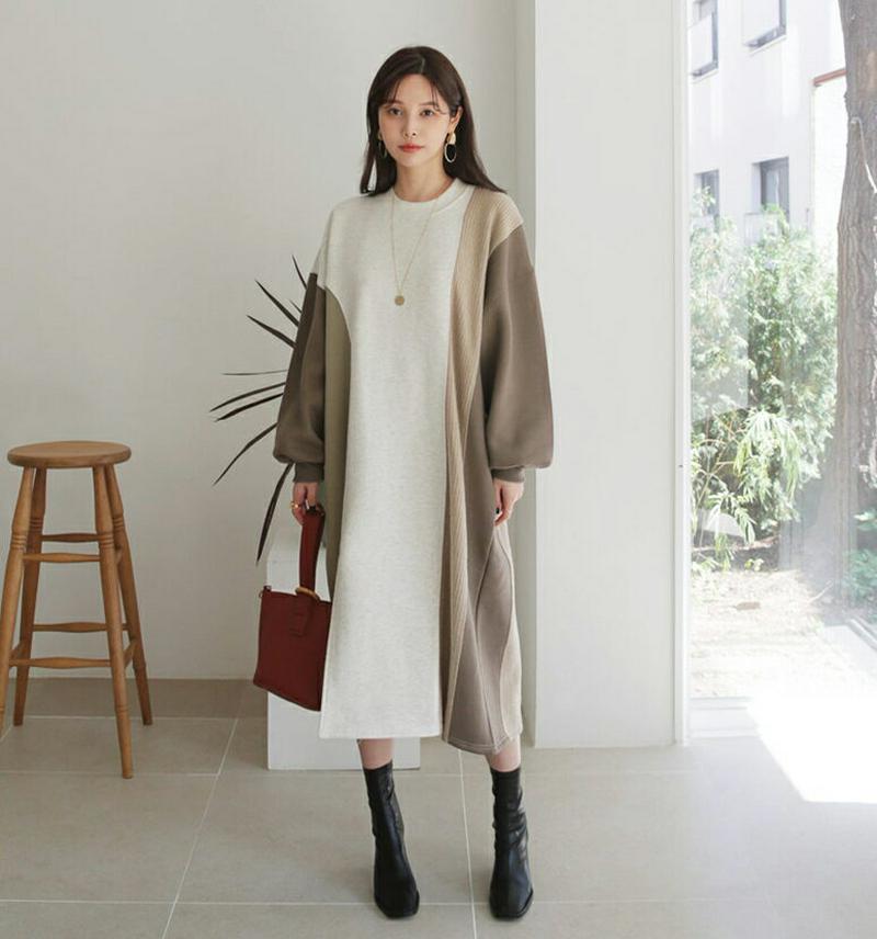 ≪人気商品再入荷≫裏起毛カラーミックスワンピース・全2色・t64550 レディース【ops】 韓国ファッション ワンピース ロングワンピース ワンマイルウェア 配色 コントラスト スリット 裏起毛 オーバーサイズ ゆったり 秋 冬 ハイホリHIHOLLI