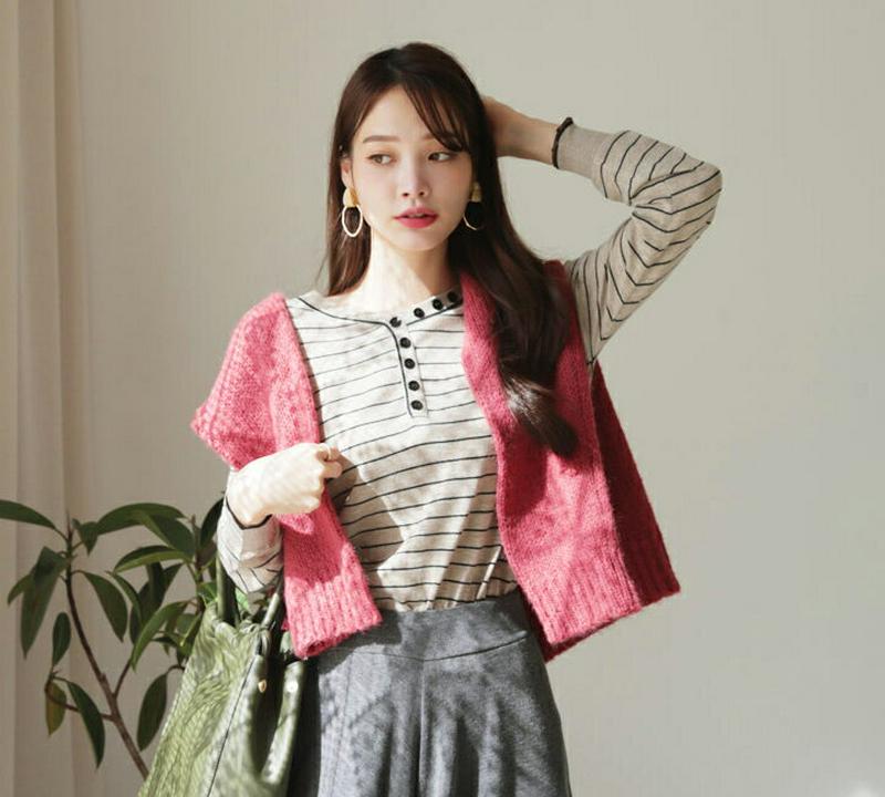 【新作10%OFF】Vネックボタンボーダーニット・全3色・b64556 レディース【tops】【韓国 ファッション トップス ニ