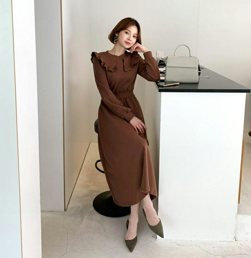 【新作10%OFF】フリルカラーワンピース・全2色・b61316 レディース【ops】【韓国 ファッション ワンピース ロングワ