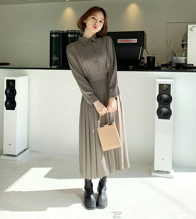 【新作10%OFF】ボタンプリーツワンピース・全3色・61337 レディース【ops】【韓国 ファッション ワンピース ロングワ