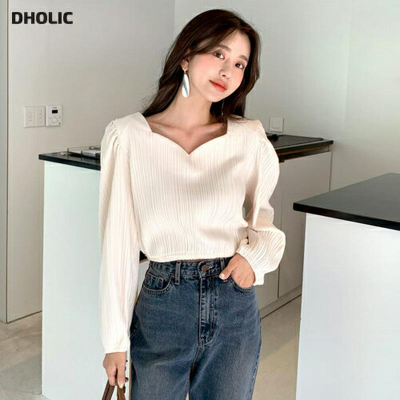 【新作10%OFF】スクエアVネックプリーツTシャツ・全2色・t61338 レディース【tops】【韓国 ファッション トップス
