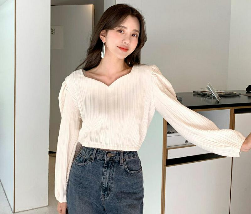 【新作10%OFF】スクエアVネックプリーツTシャツ・全2色・t61338 レディース【tops】【韓国 ファッション トップス