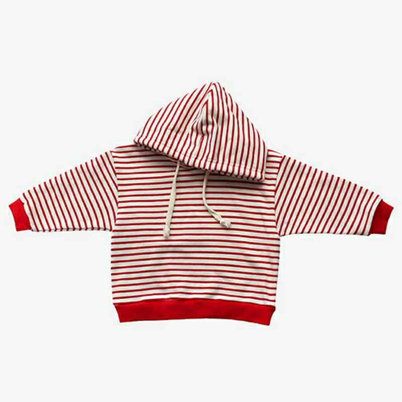 ボーダーフーディ(レッド)・p007422 キッズ【3~8才】【tops】【トップス フード フーディ ボーダー　柄 カジュアル 長袖 ラフ 女の子 男の子 秋 冬 韓国 韓国子供服 子供 こども 子供服 こども服】【KIDS】