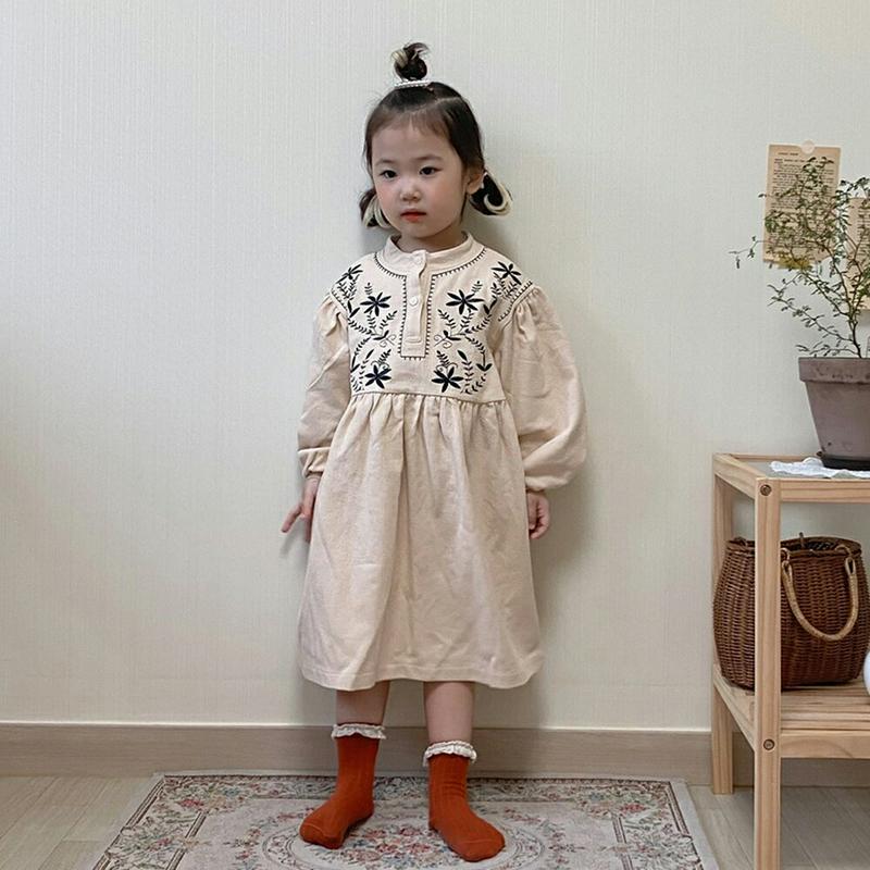 【キッズ10%OFF】刺繍バンドカラーワンピース・u07480 キッズ【3~8才】【ops】【ワンピース ロング ロングワンピー