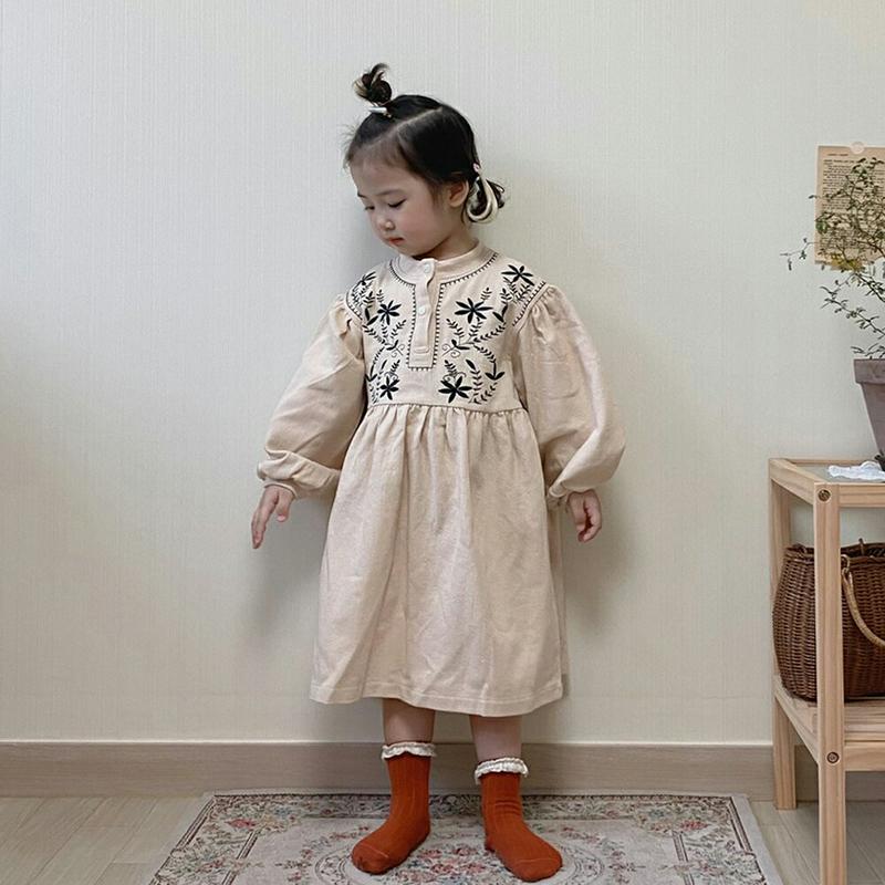 【キッズ10%OFF】刺繍バンドカラーワンピース・u07480 キッズ【3~8才】【ops】【ワンピース ロング ロングワンピー