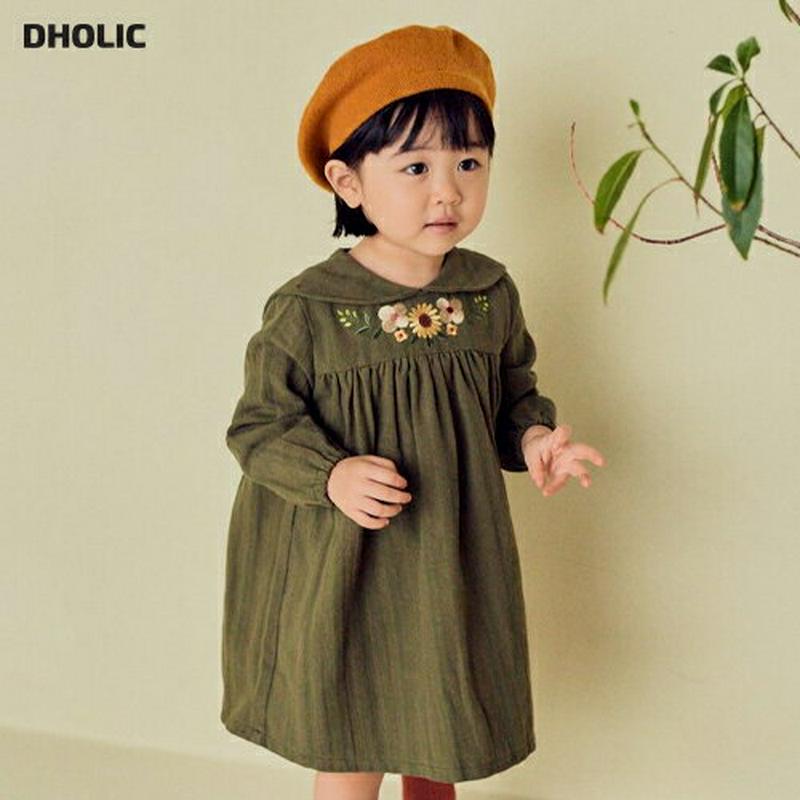 【キッズ10%OFF】フラワー刺繍カラーワンピース・u07365 キッズ【3~8才】【ops】【ワンピース ミディ丈 ミディワン