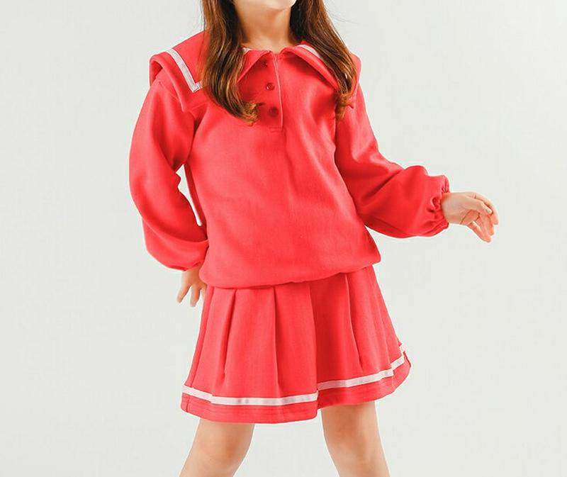 いちごボタンカラーTシャツ&プリーツスカートSET p007415 キッズ 【3~8才】【SET】【韓国 ファッション セットアップ Tシャツ カラー 襟 パフスリーブ 長袖 スカート ミニ ショート フレア キッズ 子供用 幼稚園 通学 通園 小学生 春 秋 冬】【KIDS】