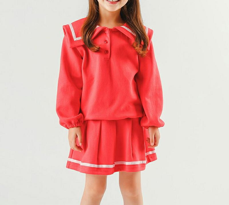 いちごボタンカラーTシャツ&プリーツスカートSET p007415 キッズ 【3~8才】【SET】【韓国 ファッション セットアップ Tシャツ カラー 襟 パフスリーブ 長袖 スカート ミニ ショート フレア キッズ 子供用 幼稚園 通学 通園 小学生 春 秋 冬】【KIDS】