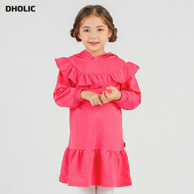 フリルフードワンピース p007326 キッズ 【3~8才】【ops】【韓国 ファッション ワンピース ミニ ショート 膝上 フレア Aライン 女の子 長袖 ルーズ ゆったり パフスリーブ フリル 帽子付き キッズ 子供用 幼稚園 通学 通園 小学生 春 秋 冬】【KIDS】