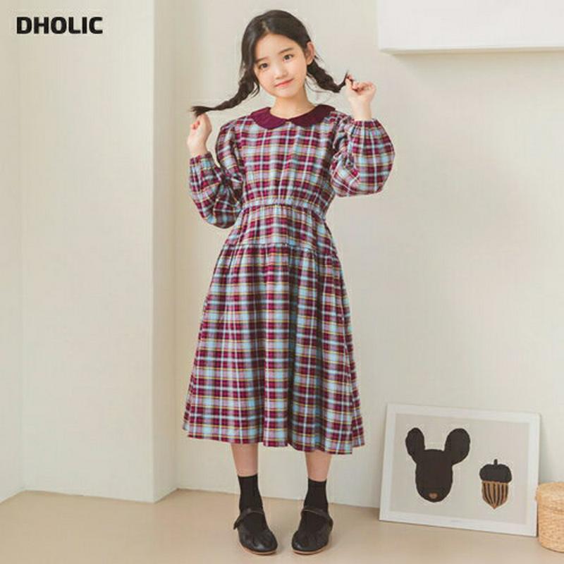 【キッズ10%OFF】カラーチェックフレアワンピース p007184 キッズ 【3~8才】【ops】【韓国 ファッション ワンピ