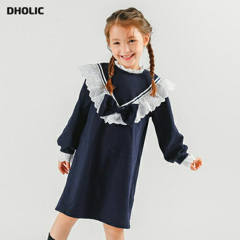 レースフリルリボンワンピース p007325 キッズ 【3~8才】【ops】【韓国 ファッション ワンピース ミディ ミドル ミディアム 膝丈 膝上 モックネック パフスリーブ 女の子 長袖 ルーズ ゆったり 子供 子供用 幼稚園 通学 通園 小学生 秋 冬】【KIDS】