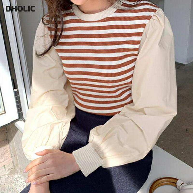 ボーダーコントラストTシャツ・全2色・b61361 レディース【tops】【韓国 ファッション トップス Tシャツ パフスリーブ