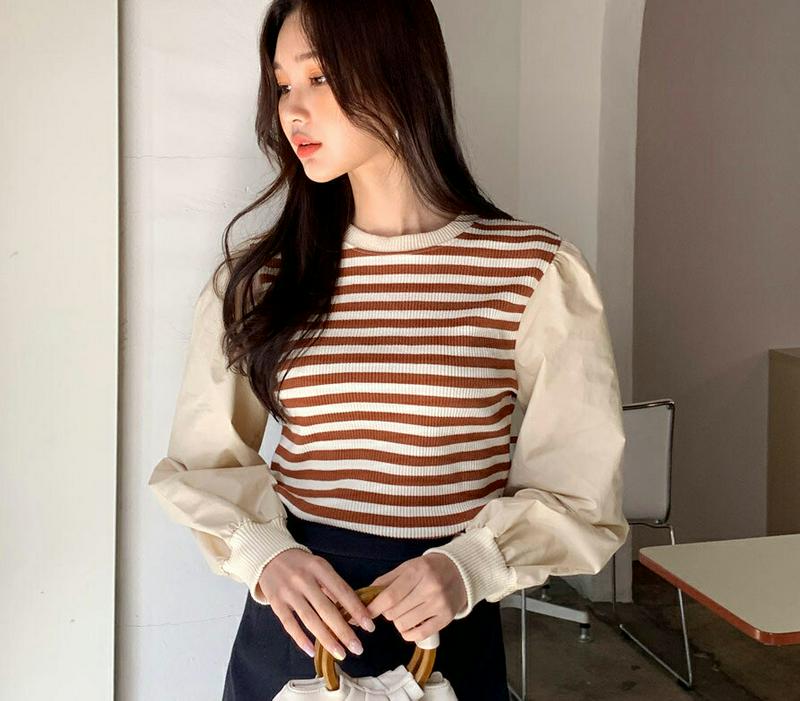 ボーダーコントラストTシャツ・全2色・b61361 レディース【tops】【韓国 ファッション トップス Tシャツ パフスリーブ