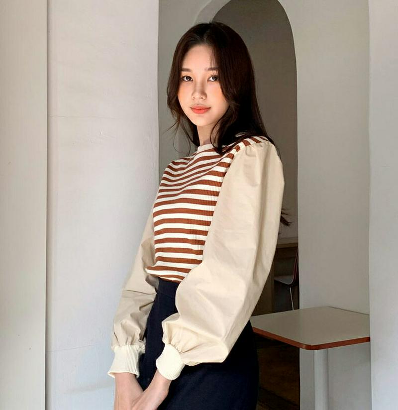 ボーダーコントラストTシャツ・全2色・b61361 レディース【tops】【韓国 ファッション トップス Tシャツ パフスリーブ