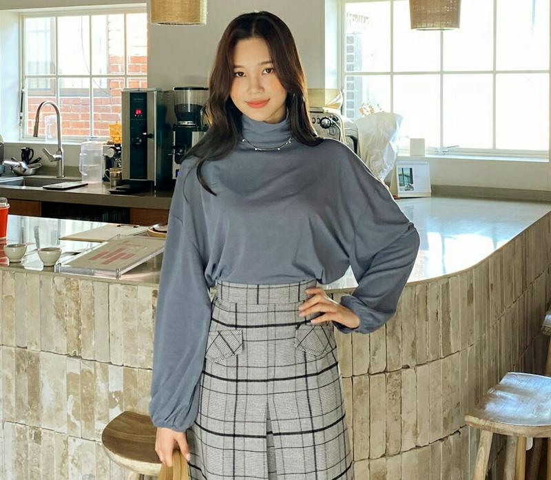 ハイネックパフTシャツ・全4色・t61357 レディース【tops】【韓国 ファッション トップス Tシャツ ロングスリーブ 長