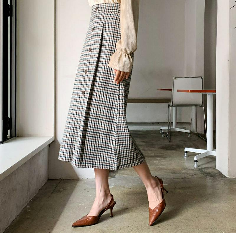 ボタンチェックスカート・全2色・b61387 レディース【sk】【韓国 ファッション ボトムス スカート ロング丈 ロングスカー