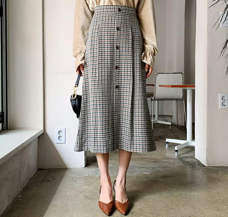 ボタンチェックスカート・全2色・b61387 レディース【sk】【韓国 ファッション ボトムス スカート ロング丈 ロングスカー
