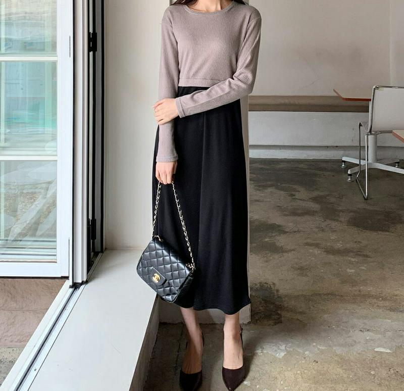 コントラストワンピース・全2色・t61379 レディース【ops】【韓国 ファッション ワンピース ロングワンピース コンビワン