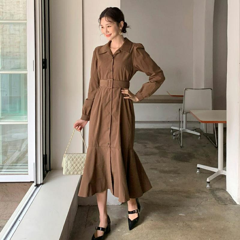 ベルト付フレア開襟ワンピース・全3色・t61380 レディース【ops】【韓国 ファッション ワンピース ロングワンピース 開襟