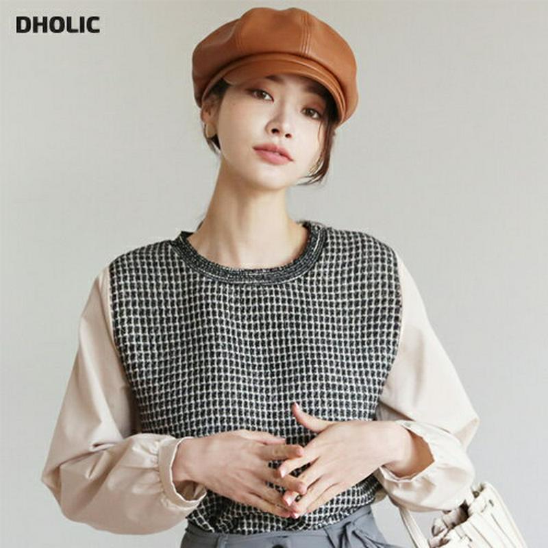 ツイードコントラストTシャツ・全2色・t64511 レディース【tops】【韓国 ファッション トップス Tシャツ ロングスリー
