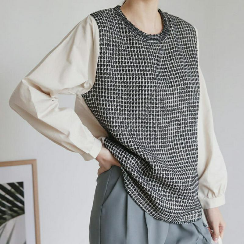 ツイードコントラストTシャツ・全2色・t64511 レディース【tops】【韓国 ファッション トップス Tシャツ ロングスリー