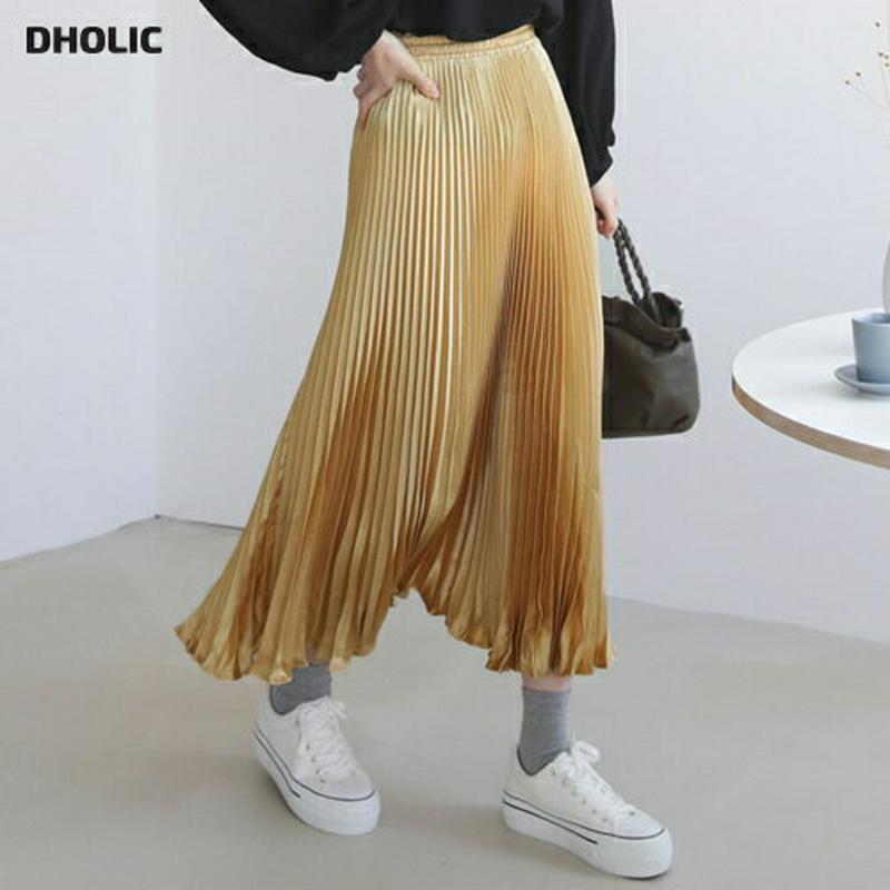 プリーツロングスカート・全5色・b64526 レディース【sk】【韓国 ファッション ボトムス スカート ロング丈 ロングスカート プリーツ プリーツスカート グロッシー 生地 シンプル 揺れ感 ウエストゴム 楽ちん ゆったり 大人 上品 秋】【ハイホリHIHOLLI】