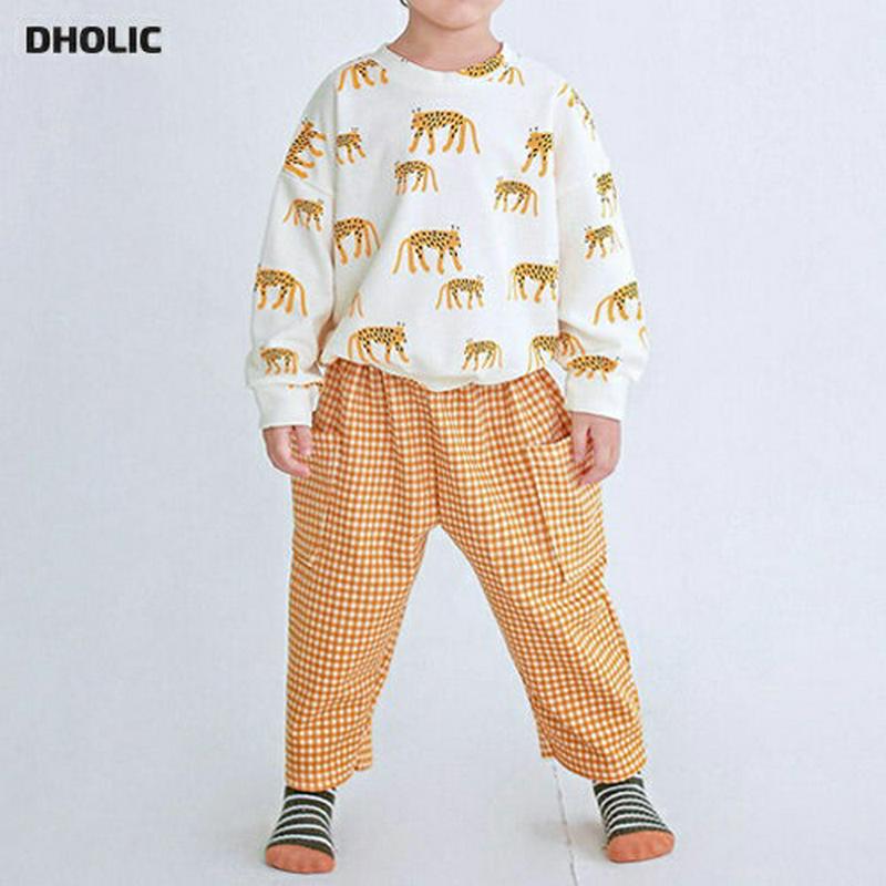 アニマルスウェット&チェックパンツSET・p007650 キッズ【3~8才】【set】【セット set 上下　トップス スウェット トレーナー 長袖 パンツ ズボン チェック柄 ギンガムチェック 女の子 男の子 秋 冬 韓国 韓国子供服 子供 子供服 こども服】【KIDS】