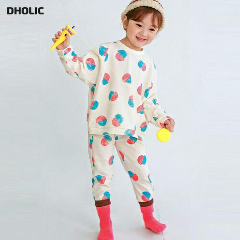 配色サークルTシャツ&パンツSET・p007649 キッズ【3~8才】【set】【セットアップ setup　トップス Tシャツ 長袖 パンツ ズボン ロングパンツ 長ズボン 総柄 カジュアル 女の子 男の子 韓国 韓国子供服 子供 こども 子供服 こども服】【KIDS】