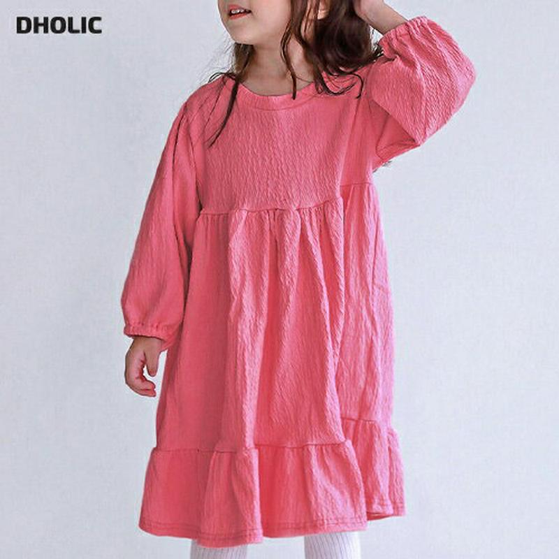 リンクルワンピース・p007633 キッズ【3~8才】【ops】【ワンピース ミディ丈 ミディワンピース 長袖 リンクル 単色 無地 シンプル 可愛い かわいい 女の子 春 秋 韓国 韓国子供服 子供 こども 子供服 こども服】【KIDS】