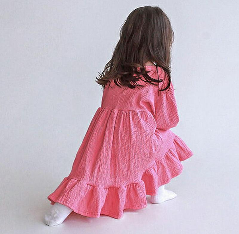 リンクルワンピース・p007633 キッズ【3~8才】【ops】【ワンピース ミディ丈 ミディワンピース 長袖 リンクル 単色 無地 シンプル 可愛い かわいい 女の子 春 秋 韓国 韓国子供服 子供 こども 子供服 こども服】【KIDS】