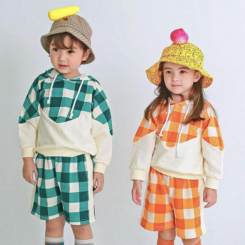 チェックフーディ&パンツSET・p007647 キッズ【3~8才】【set】【セットアップ setup トップス パーカー フード フーディー 半ズボン ハーフパンツ チェック柄 ギンガムチェック 女の子 男の子 春 秋 韓国 韓国子供服 子供 子供服 こども服】【KIDS】